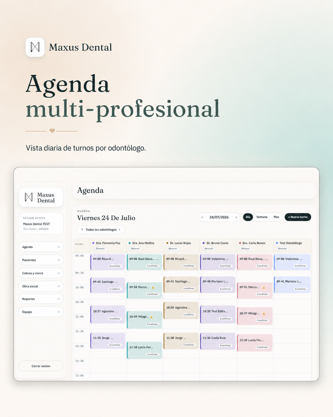 Agenda multi-profesional de Maxus Dental con turnos del día