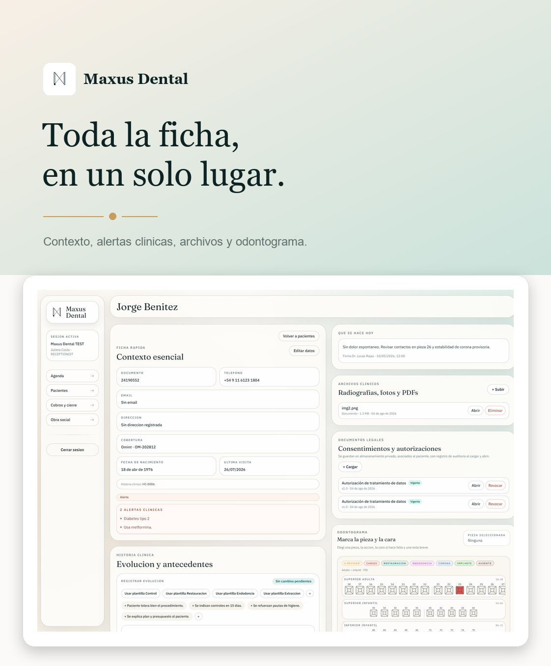Ficha de paciente en Maxus Dental con historia clínica, alertas, archivos y odontograma